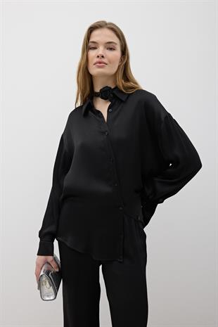 Kadın Önü Düğmeli Oversize Saten Gömlek SİYAH