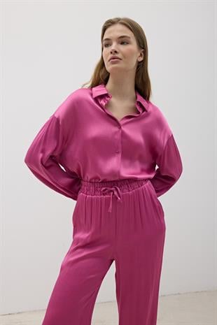Kadın Önü Düğmeli Oversize Saten Gömlek KOYU PEMBE