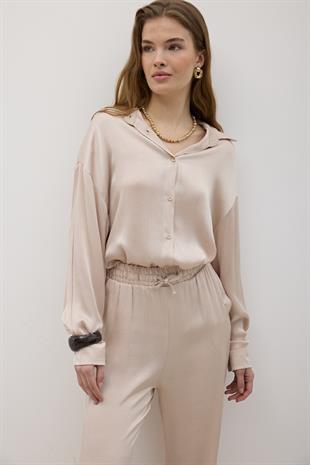 Kadın Önü Düğmeli Oversize Saten Gömlek TAŞ