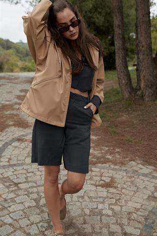 Kadın Önü Fermuarlı Kordon Detaylı Trençkot CAMEL