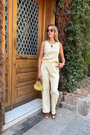 Kadın Pamuk Gipe Kumaşlı Crop Bluz SARI