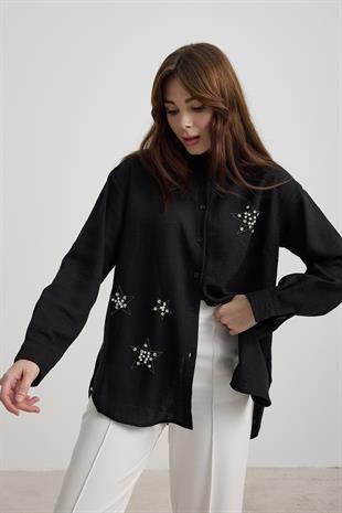 Kadın Taş İşlemeli Oversize Gömlek SİYAH