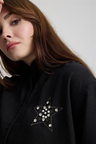 Kadın Taş İşlemeli Oversize Gömlek SİYAH