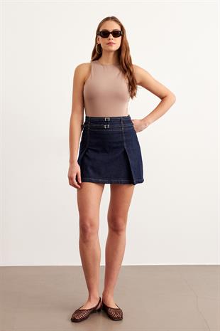 Kadın Toka Detaylı Kot Etek RİNS YIKAMA