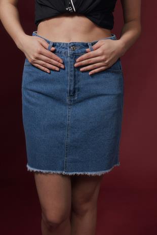 Kadın Ucu Pis Yırtıklı Kot Etek BLUE