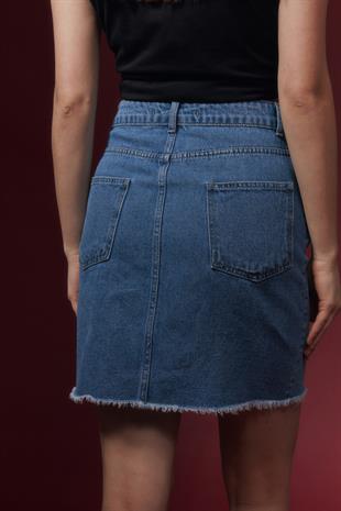 Kadın Ucu Pis Yırtıklı Kot Etek BLUE