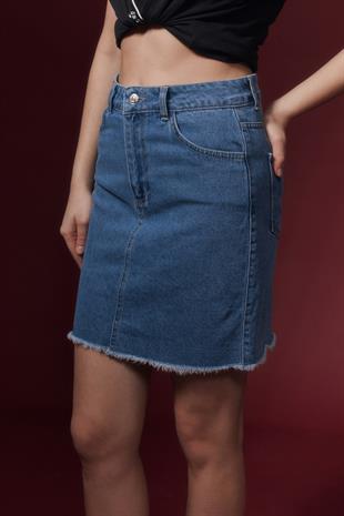 Kadın Ucu Pis Yırtıklı Kot Etek BLUE
