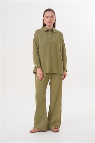Kadın Uzun Kollu Oversize Müslin Gömlek HAKİ