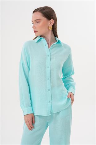 Kadın Uzun Kollu Oversize Müslin Gömlek MİNT