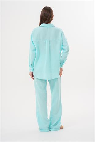 Kadın Uzun Kollu Oversize Müslin Gömlek MİNT