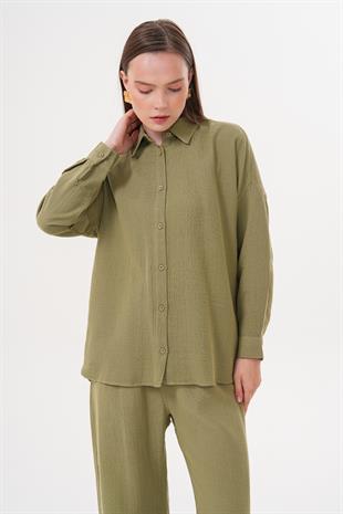 Kadın Uzun Kollu Oversize Müslin Gömlek HAKİ