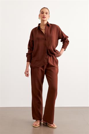 Kadın Uzun Kollu Oversize Müslin Gömlek KAHVE