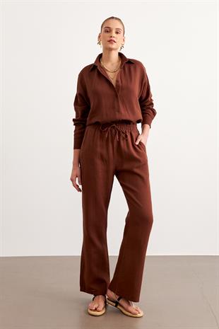 Kadın Uzun Kollu Oversize Müslin Gömlek KAHVE