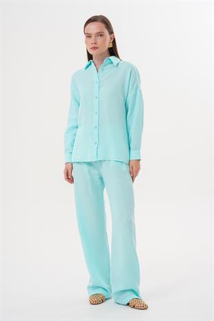 Kadın Uzun Kollu Oversize Müslin Gömlek MİNT