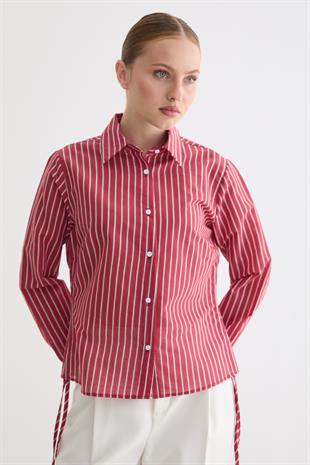 Kadın Yan Büzgülü Bağcıklı Çizgili Gömlek BORDO
