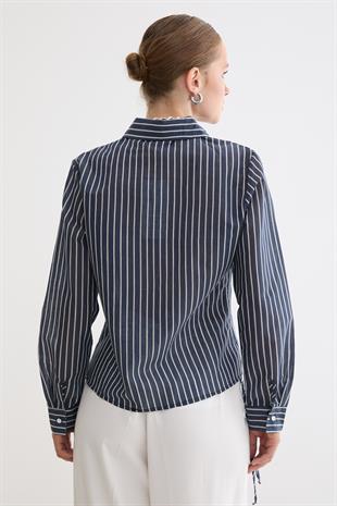 Kadın Yan Büzgülü Bağcıklı Çizgili Gömlek LACİVERT