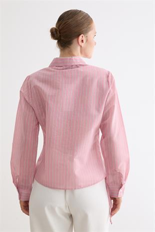 Kadın Yan Büzgülü Bağcıklı Çizgili Gömlek PEMBE