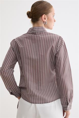 Kadın Yan Büzgülü Bağcıklı Çizgili Gömlek KAHVE