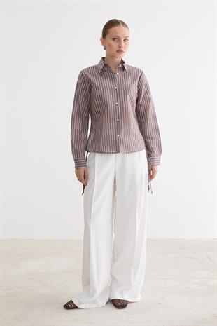 Kadın Yan Büzgülü Bağcıklı Çizgili Gömlek KAHVE