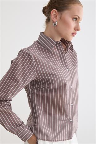 Kadın Yan Büzgülü Bağcıklı Çizgili Gömlek KAHVE