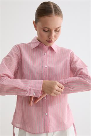 Kadın Yan Büzgülü Bağcıklı Çizgili Gömlek PEMBE