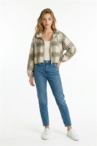 Kapüşonlu Ekose Yağmurluk HAKİ