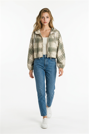 Kapüşonlu Ekose Yağmurluk HAKİ