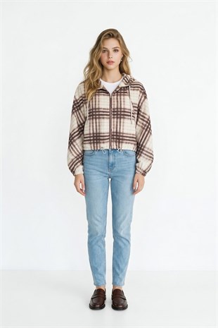 Kapüşonlu Ekose Yağmurluk KAHVE