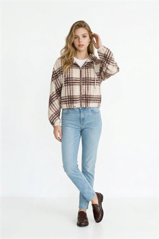 Kapüşonlu Ekose Yağmurluk KAHVE