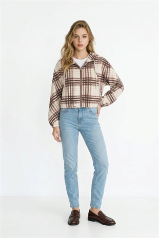 Kapüşonlu Ekose Yağmurluk KAHVE