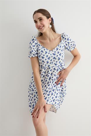 Karpuz Kol Detaylı Kısa Elbise MAVİ ÇİÇEKLİ