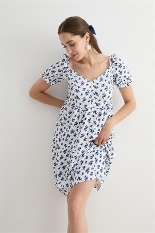 Karpuz Kol Detaylı Kısa Elbise MAVİ ÇİÇEKLİ