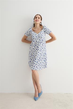 Karpuz Kol Detaylı Kısa Elbise MAVİ ÇİÇEKLİ