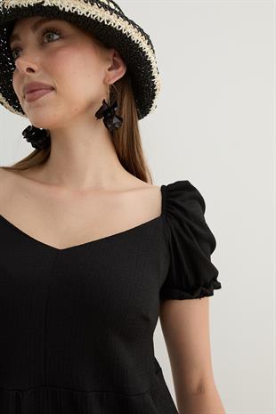 Karpuz Kol Detaylı Kısa Elbise SİYAH