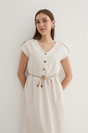 Keten Bağlama Detay Kadın Elbise TAŞ