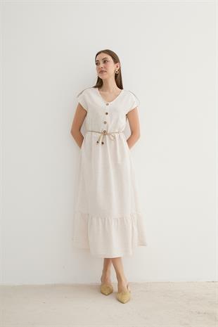 Keten Bağlama Detay Kadın Elbise TAŞ