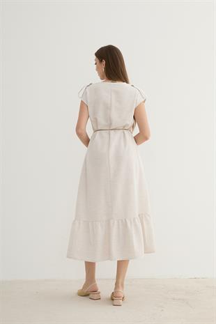 Keten Bağlama Detay Kadın Elbise TAŞ