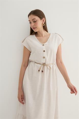 Keten Bağlama Detay Kadın Elbise TAŞ
