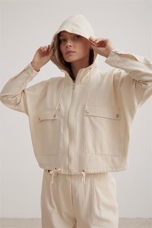 Kapüşon Detaylı Kadın Keten Ceket