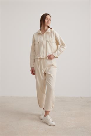 Kapüşon Detaylı Kadın Keten Ceket