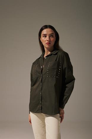 Linen Front Studded Womens Shirt KHAKI