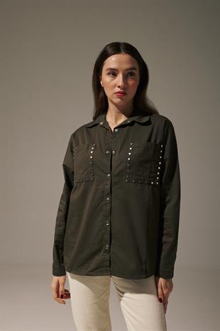 Linen Front Studded Womens Shirt KHAKI