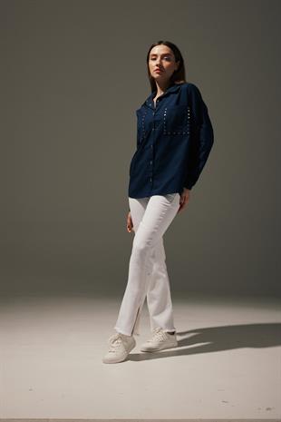 Linen Front Studded Womens Shirt