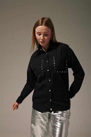 Front Studded Linen Womens Shirt BLACK