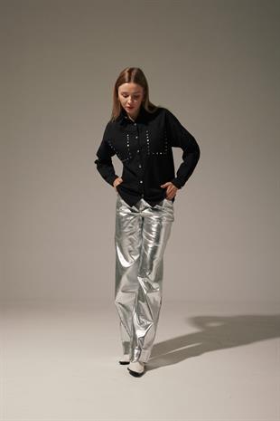 Front Studded Linen Womens Shirt BLACK