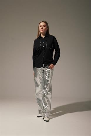 Front Studded Linen Womens Shirt BLACK