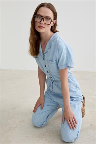 Kısa Kollu Cep Detaylı Uzun Kot Tulum BLUE