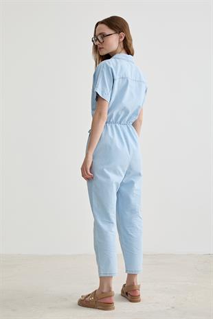 Kısa Kollu Cep Detaylı Uzun Kot Tulum BUZ MAVİ