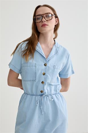 Kısa Kollu Cep Detaylı Uzun Kot Tulum BLUE