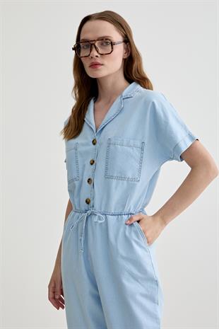 Kısa Kollu Cep Detaylı Uzun Kot Tulum BUZ MAVİ